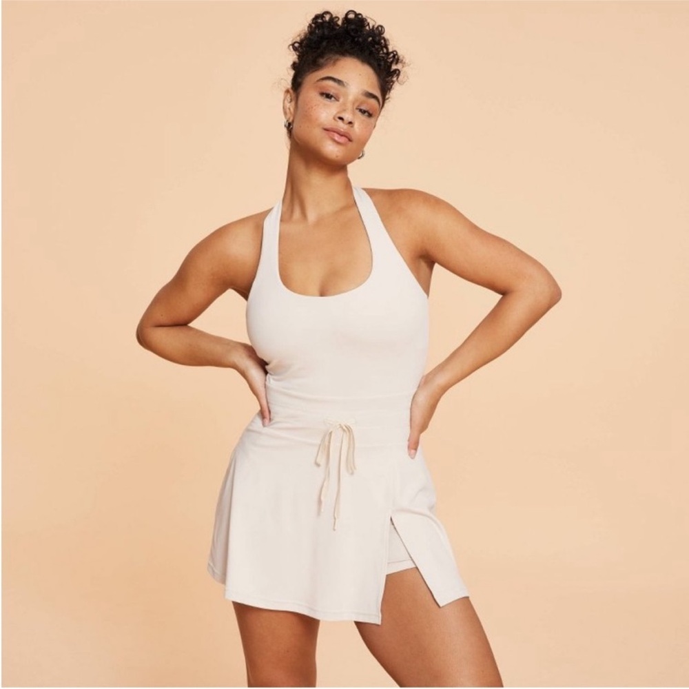 NWT Blogilates Women's Game Set Match Halter Active Dress - Light Taupe XS